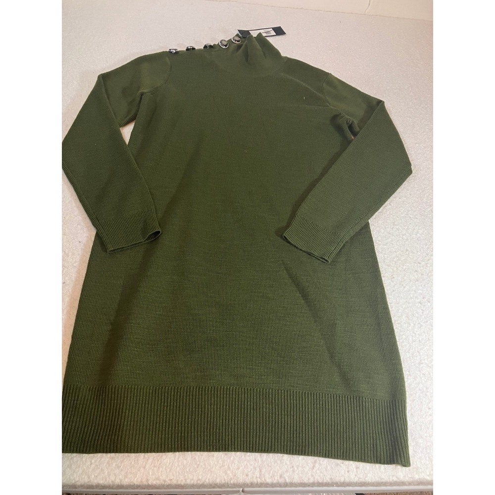 Veronica Beard Jeans Olive Green Button Shoulder Mock Neck Sweater Dress Size M